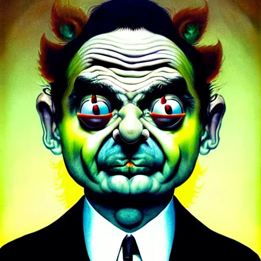 Prompt: mr. bean mad scientist psychopath making extremely silly faces, conjuring up mysterious colorful potions, glows, 3 point lighting, portrait by gaston bussierre and charles vess and james jean and erik jones and rhads, epic, funny, beautiful fine face features, intricate high details, sharp, ultradetailed
