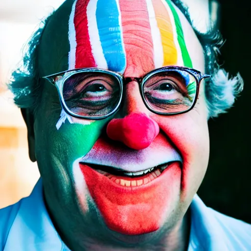 Prompt: a portrait of a abstract danny devito who has face - painting like a clown smiling creepily. depth of field. lens flare