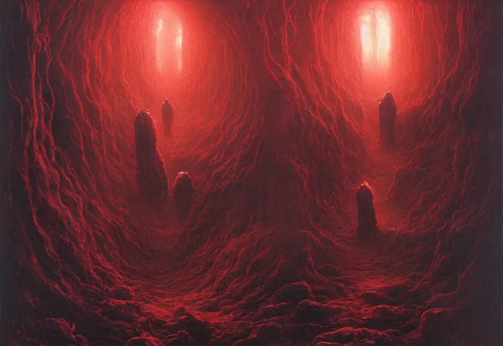 Image similar to will farrell entering a chasm full of unspeakable cosmic horrors, horror, blood red, terrifying atmosphere, atmospheric, by greg rutkowski and zdzisław beksinski, 8 k