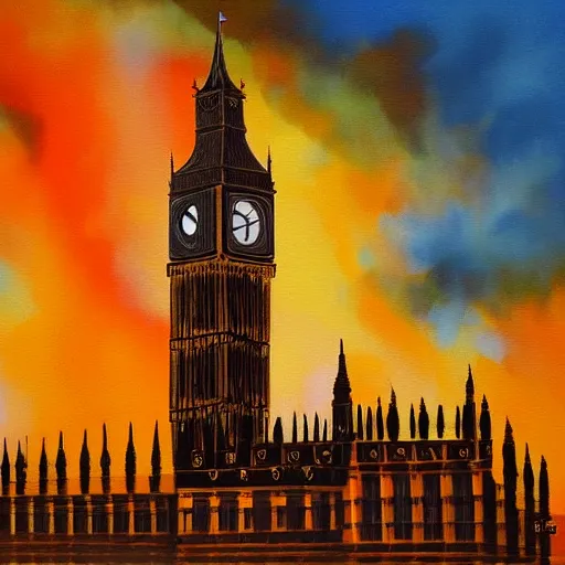 Image similar to detailed, soft, dynamic painting of the Big Ben in flames, burning, arson, professional painting, at dusk