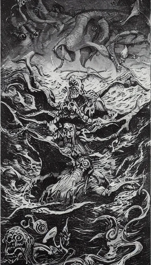 Image similar to man on boat crossing a body of water in hell with creatures in the water, sea of souls, by h. p. lovecraft