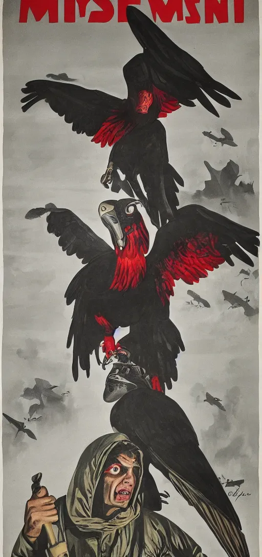 Prompt: mistery man in hood and red eyes with a knife, and a vulture, 1940s propaganda poster, full hd,highly detailed