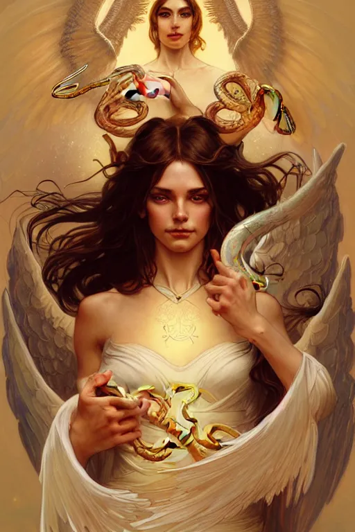 Prompt: group of angels dancing with snakes, fantasy, amber eyes, face, long hair, intricate, elegant, highly detailed, digital painting, artstation, concept art, smooth, sharp focus, illustration, art by artgerm and greg rutkowski and alphonse mucha