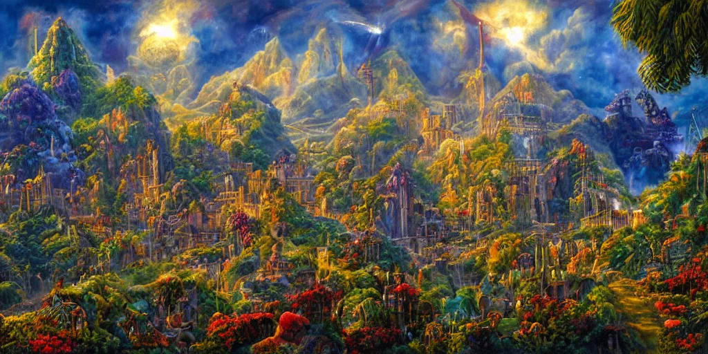 Image similar to fantasy oil painting, regale, fortress mega structure city, colossus of rhodes, atlantis, hybrid, looming, small buildings, warm lighting, overlooking, epic, lush plants flowers, rainforest mountains, bright clouds, luminous sky, outer worlds, cinematic lighting, michael cheval, michael whelan, oil painting, natural tpose