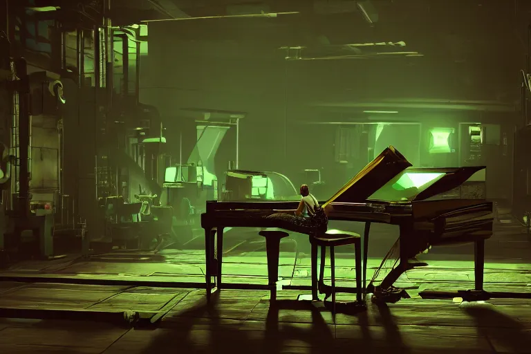 Image similar to a factory robot is playing the piano, post apocalypse green everywhere, 4k, ultra details, cinematic, epic style, beautiful photo, hyper realistic, octane render, unreal engine, award winning, on artstation, volumetric lightning, masterpiece, golden hour,