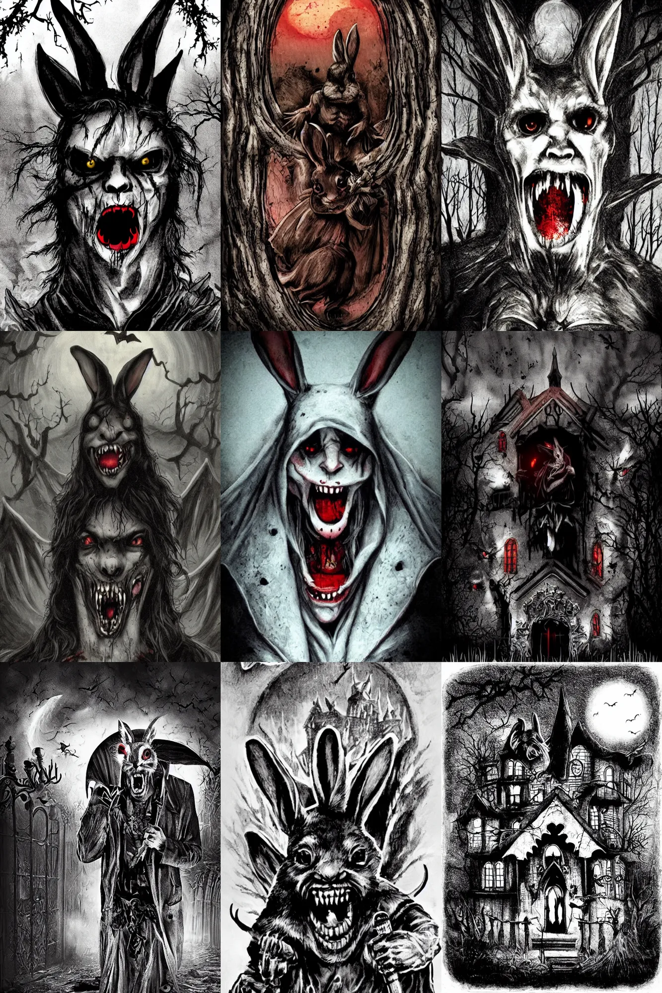 Prompt: rabbit, demon eyes, dracula fangs! haunted house, dark atmospheric