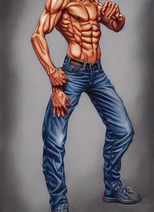 Image similar to Portrait of Onizuka from GTO wearing only jeans , masculine and muscular, both fist closed, intricate body, whole body highly detailed, digital painting, artstation, concept art, smooth, sharp focus, illustration, art by Hajime Sorayama