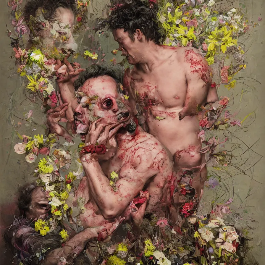 Prompt: male portrait of todd solondz eating rotten flesh and puking blood wearing a thong, surrounded by flowers by francis bacon, karol bak, james jean, tom bagshaw, rococo, trending on artstation, cinematic lighting, hyper realism, dramatic, emotional, octane render, 8 k, hyper detailed.