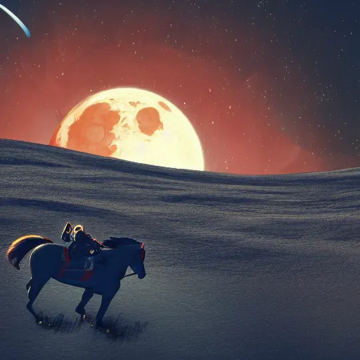 Image similar to an astronaut riding a horse uhd 8 k, artstation, hd, hdr, shuttershock, dramatic lighting, beautiful landscape, moon in the background, incredibly detailed