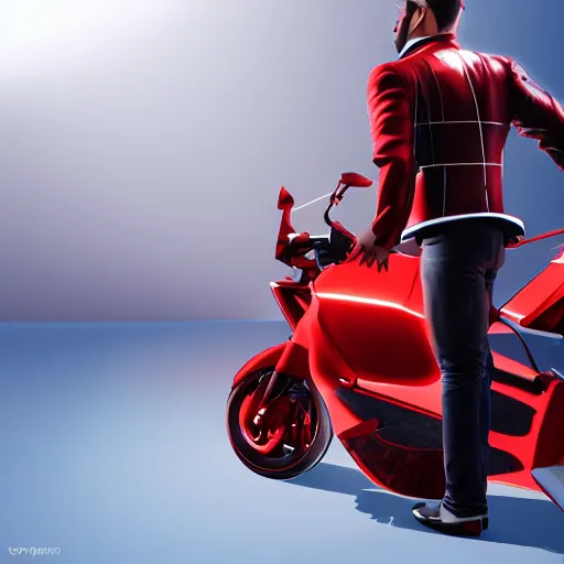 Image similar to isometric view of a man with a red jacket. walking towards a red futuristic motorbike. hyper realistic, dramatic lighting, ultra detailed, sharp focus, wide angle, digital illustration, trending on artstation