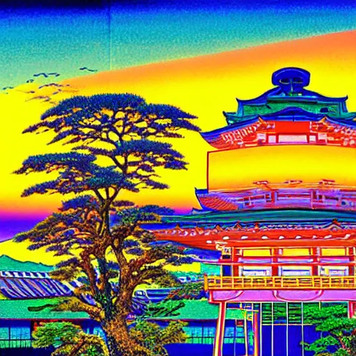 Image similar to colorful illustration of japan sunset, by hajime sorayama and hasui kawase and junji ito