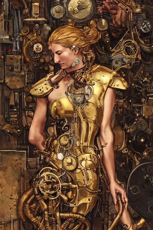 Prompt: brass semi - mechanical woman, portrait, floral art novuea dress, art by ardian syaf and moebius, caravaggio, in steampunk cityscape