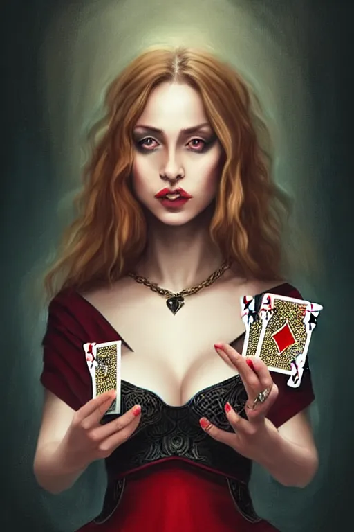 Image similar to female magician holding playing cards, esp cards, tarot cards, crystall ball, realistic, modern, intricate, elegant, highly detailed, digital painting, artstation, concept art, addiction, chains, smooth, sharp focus, illustration, art by ilja repin