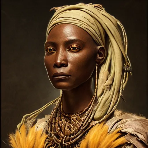 Prompt: Ultra detailed, 4K Portrait of a cyborg african woman by Rachel Ruysch