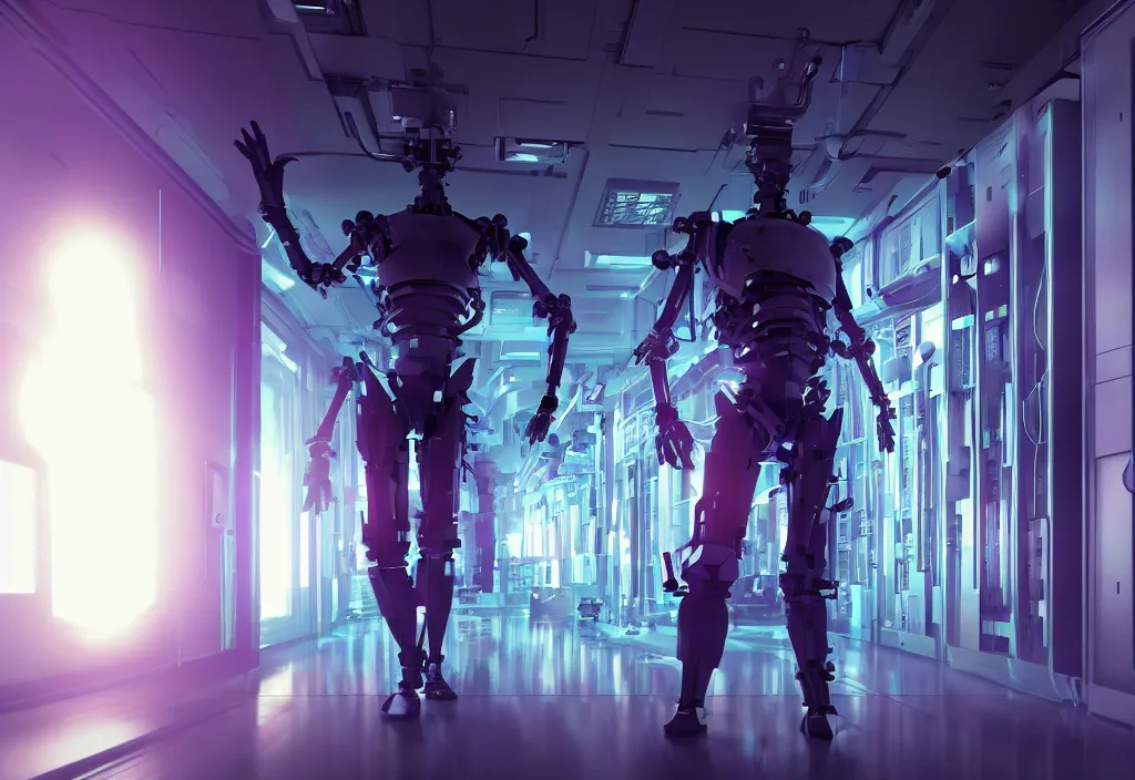 Image similar to shot of film, human like a mech, full body, in detailed server room, in data center, character design, symmetrical, vivid color, complementary color, detailed, sharp lines, trending on artstation, volumetric lighting, dramatic lighting by yoichi hatakenaka, violet, by masamune shirow, by josan gonzales, octane render 8 k