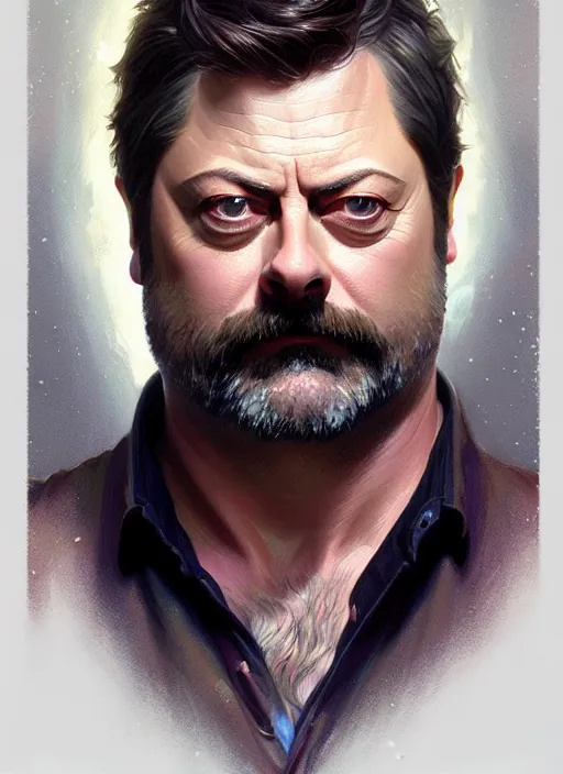 Image similar to portrait of nick offerman, d & d, wet, shiny, fantasy, intricate, elegant, highly detailed, digital painting, artstation, concept art, smooth, sharp focus, illustration, art by artgerm and greg rutkowski and alphonse mucha