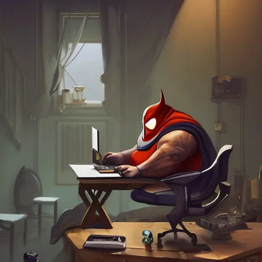 Image similar to a insanely detailed painting of a fat masked superhero wearing a costume sitting at a desk, staring at the nervously at the computer and clicking on the mouse, in the style of peter mohrbacher, dramatic lighting and composition, trending on artstation, concept art, comic book