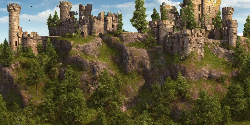 Image similar to an ancient broken down castle on a hill with trees growing through it, high definition, high detail, photorealistic, 8k