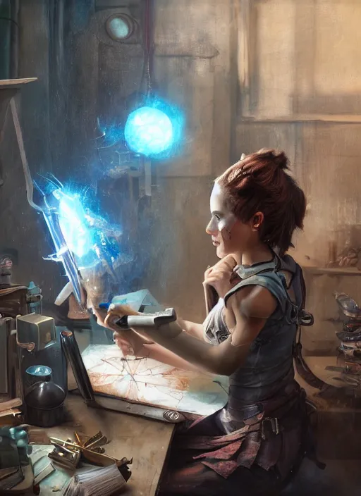 Prompt: An epic fantasy comic book style portrait painting of a young tinker girl working on a device in her workshop, unreal 5, DAZ, hyperrealistic, octane render, cosplay, RPG portrait, dynamic lighting