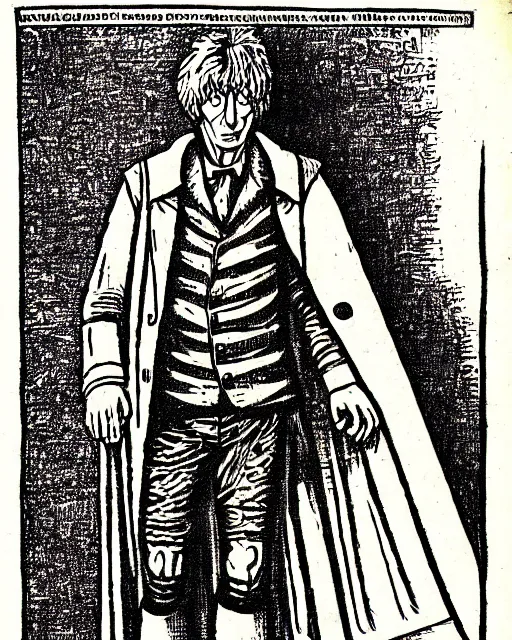 Image similar to b & w woodcut of tom baker's doctor who from the nuremberg chronicle, 1 4 9 3, restored, hq scan