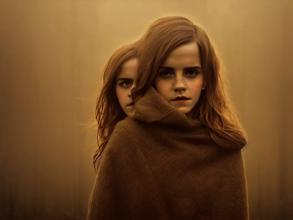 Image similar to portrait of emma watson, solemn expression, faded color film, russian cinema, tarkovsky, kodachrome, heavy birch forest, long brown hair, old clothing, heavy fog, atmospheric haze, brown color palette, sunset, low light, dramatic lighting