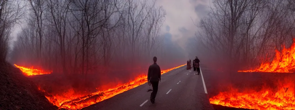 Image similar to Long bridge to hell, dslr, hyper realistic, photojournalism, scary, firey, disturbing