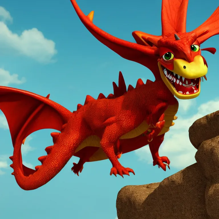 Image similar to A Render of a cute wyvern dragon with bright eyes, sitting on a rock breathing fire. In the style of Pixar Animation.