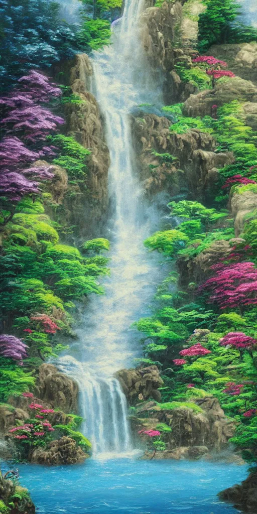 Prompt: waterfall in the style of thomas kinkade and salvador dali, spirited away