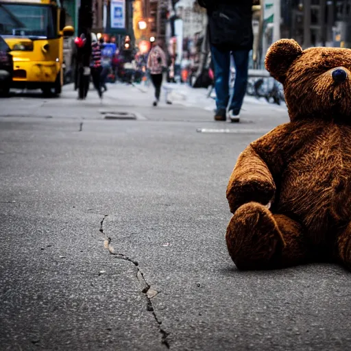 Prompt: dirty teddy bear lying on a busy street as people are walking by, highly detailed, sharp focus, depth of field, street photography, busy city, steam