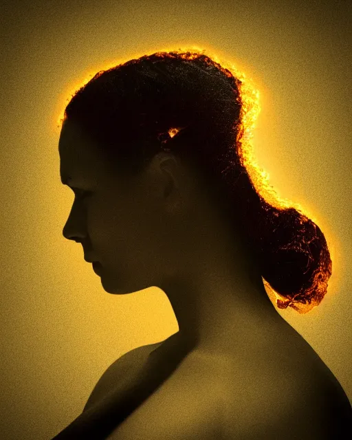 Prompt: a woman's face in profile, made of lava, in the style of the dutch masters and gregory crewdson, dark and moody