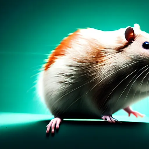 Prompt: uhd candid photo of an android hamster with cybernetic implants and laser eyes. photo by annie leibowitz