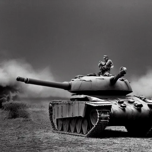 Image similar to world War 2 photography of Donald Trump hugging a tank, shot by Annie Leibovitz, award winning, 4k, 8k, black and white photography, cinematic lighting.