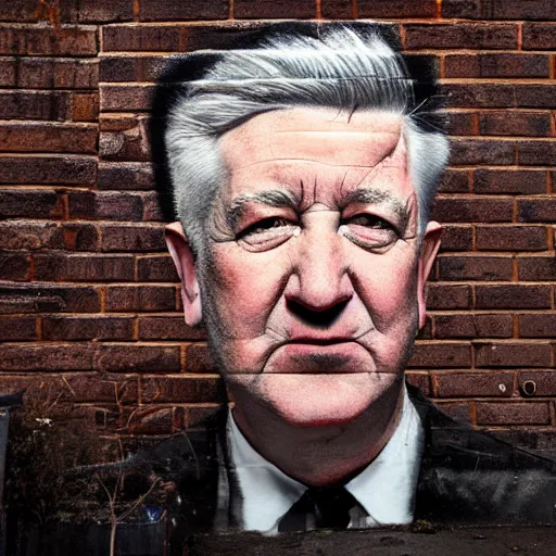 Prompt: Emotional pictures of David Lynch sprayed on New York street brick walls in the style of WEEGEE , 8k, photorealistic imagery, trending on artstation, artstationHQ, artstationHD