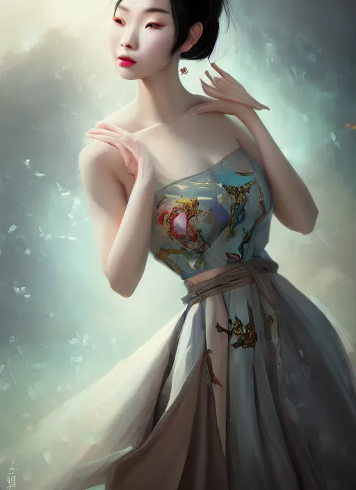 Prompt: beautiful chinese fashion goddness, strapless dress, character portrait in the style of thomas river and artgerm, wlop, cinematic lighting, hyperdetailed, 8 k realistic, symmetrical, global illumination, radiant light, halo, love and mercy, frostbite 3 engine, cryengine, dof, trending on artstation, digital art, chanel