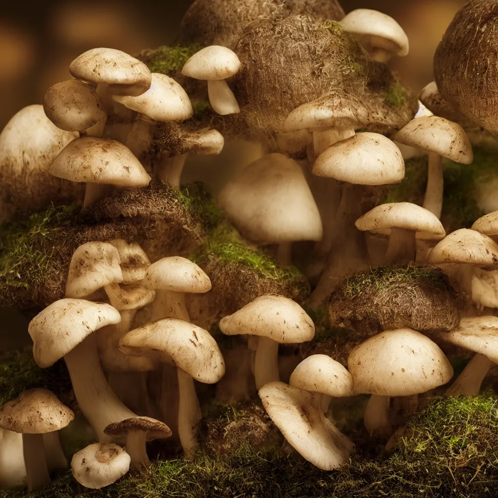 Image similar to very close macro photo of mushroom growing in a spheroid forest, 3d render, nightlight Study, by Jan Davidsz de Heem, 8k, extreme detail, sharp focus, cinema 4d render
