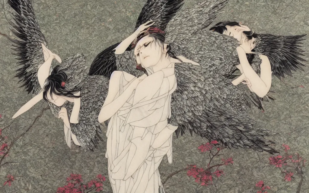 Prompt: vision of angels with a broken wing, trying to fly by andre leblanc and takato yamamoto, smokey