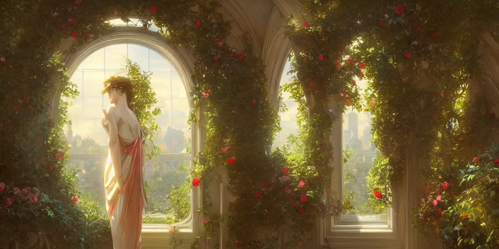 Image similar to ultra realistic, artstation, concept art, natural lighting, by artgerm and greg rutkowski and alphonse mucha and wlop, heaven dreamy interior with surrounded ivy, flowers, roses, and with archways. rendered in octane render with photorealistic lighting, 8 k, hd