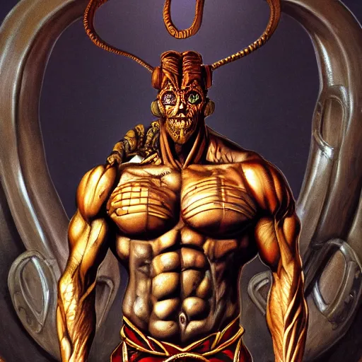 Image similar to serpent - man berlusconi warlord wearing bronze age clothing, bodybuilder snake, anatomical, horrific background symmetrical, zoom out, high quality, high definition, 8 k, photograph photorealistic by frank frazetta