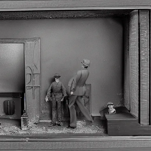 Image similar to a diorama of a 1 8 9 0 s crime scene, noir, 3 dimensional, intricate details