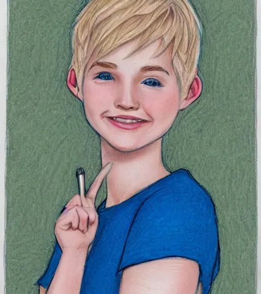 Image similar to claire barnes, a 1 5 - year - old white girl with a round face, pixie cut platinum blonde hair, round blue eyes, rosy cheeks, and a happy expression, highly detailed portrait, color pencil sketch