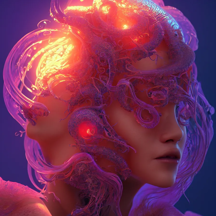 Image similar to goddess close-up portrait. orchid jellyfish phoenix head, nautilus, skull, betta fish, bioluminiscent creatures, intricate artwork by Tooth Wu and wlop and beeple. octane render, trending on artstation, greg rutkowski very coherent symmetrical artwork. cinematic, hyper realism, high detail, octane render, 8k