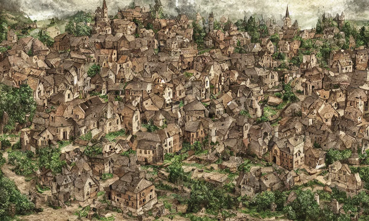 Prompt: beautiful medieval village diorama, high detailed drawing, digital art