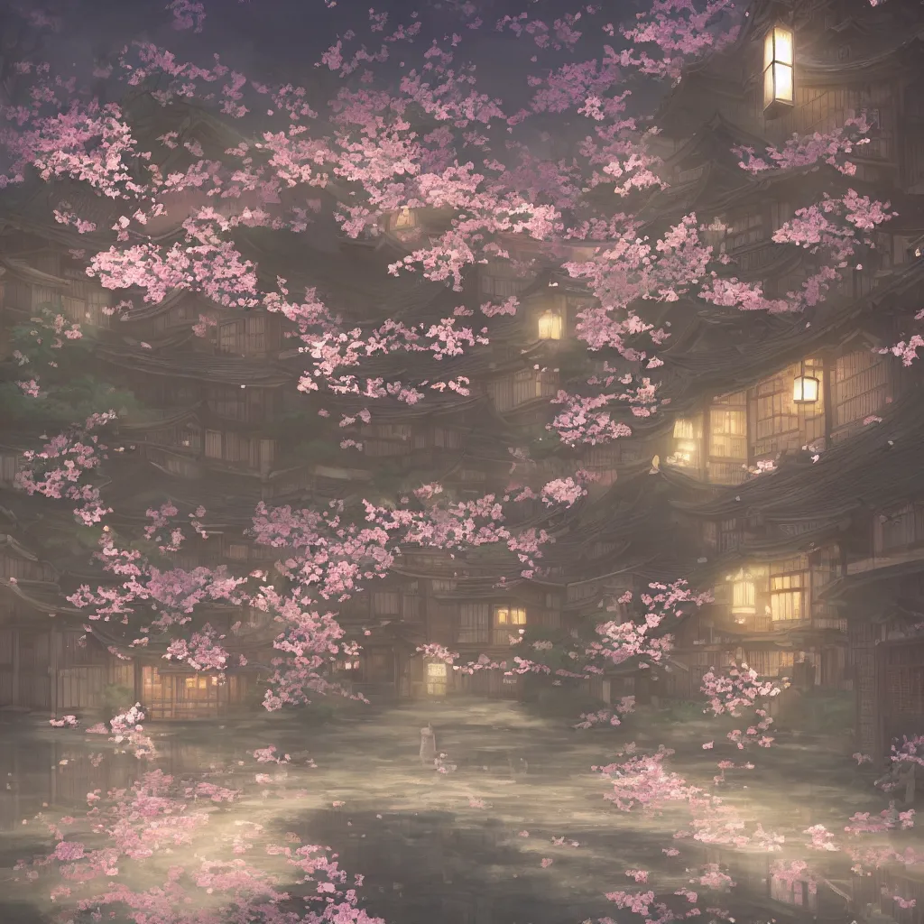 Prompt: Japanese bath house at night (Spirited Away), cherry blossom petals, highly detailed, 3D render, digital art, artstation, 8K photography, matte photo-realistic, vivid colors, moody cool temperature, by Hayao Ghibli Miyazaki!!!, breath of the wild style