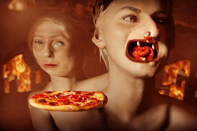 Image similar to evil woman made of pizza, photorealistic, cinematic lighting, beatiful house