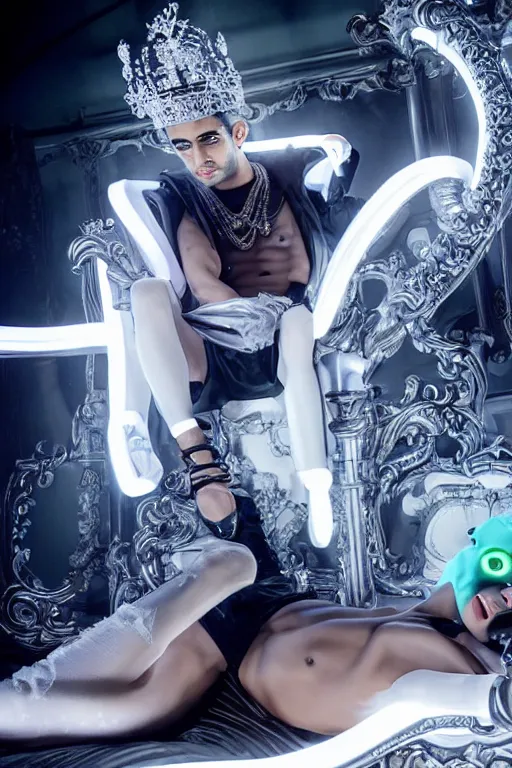 Image similar to full-body rococo and cyberpunk style neon statue of a muscular attractive Zayn Malik macho dotado e rico android sim roupa reclining con las piernas abertas e la piroca dura, glowing white lasers, glowing eyes, silver prince crown, silver steampunk gears, white diamonds, swirling mint-colored silk fabric. futuristic elements. black dripping tar. full-length view. space robots. human skulls. intricate artwork by caravaggio. Trending on artstation, octane render, cinematic lighting from the right, hyper realism, octane render, 8k, depth of field, 3D