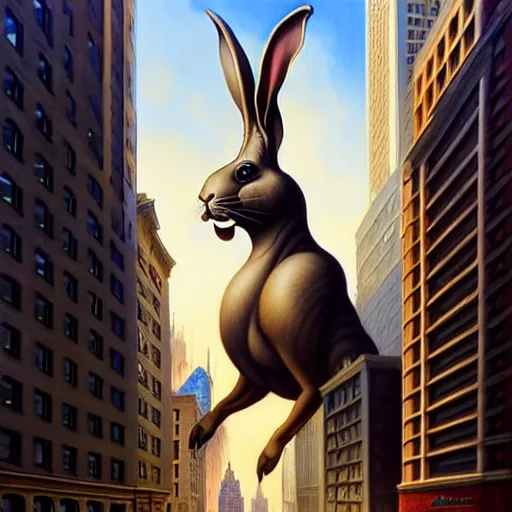 Image similar to gigantic crying bunny in the middle of downtown new york, intricate, elegant, highly detailed, centered, digital painting, artstation, concept art, smooth, sharp focus, illustration, artgerm, Tomasz Alen Kopera, Peter Mohrbacher donato giancola, Joseph Christian Leyendecker, WLOP, Boris Vallejo