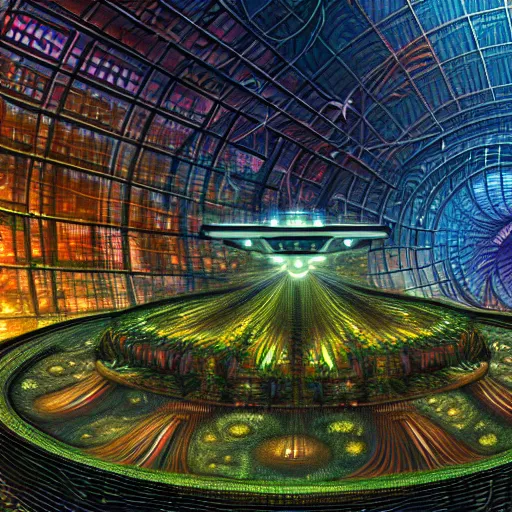 Image similar to a cinematic view of the inside of a fractal combustion engine, large indoor greenhouse with exotic plants, retrofuturism, scifi art, oil on canvas, biodome, stars in the sky above, details, hyper - detailed, hd, hdr, 4 k, 8 k