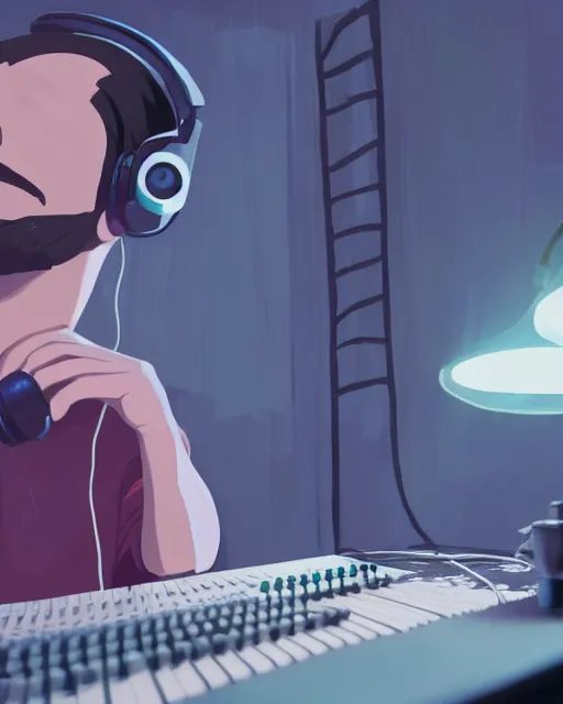 Prompt: man with headphones at his home studio producing music late at night, very detailed, 4 k, cory loftis, james gilleard, atey ghailan, makoto shinkai, goro fujita, studio ghibli, rim light, exquisite lighting, clear focus, very coherent