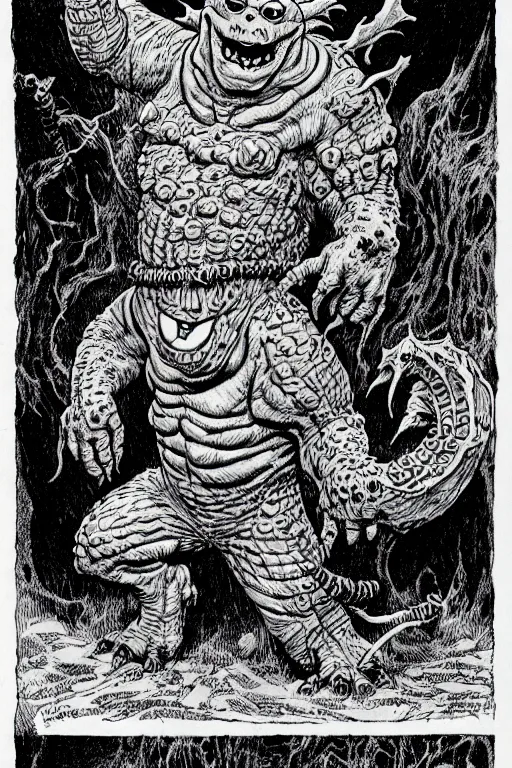 Image similar to slimer ghost as a d & d monster, full body, pen - and - ink illustration, etching, by russ nicholson, david a trampier, larry elmore, 1 9 8 1, hq scan, intricate details, inside stylized border