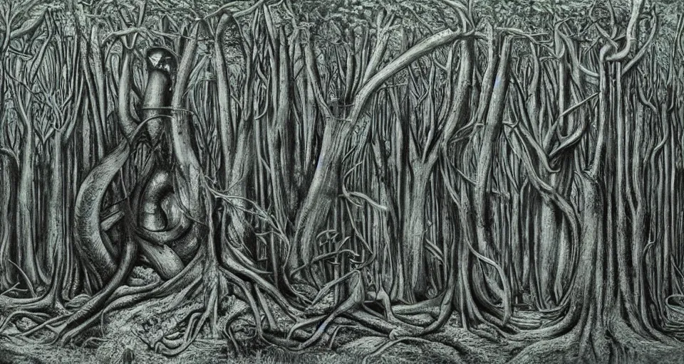 Prompt: Enchanted and magic forest, by HR Giger